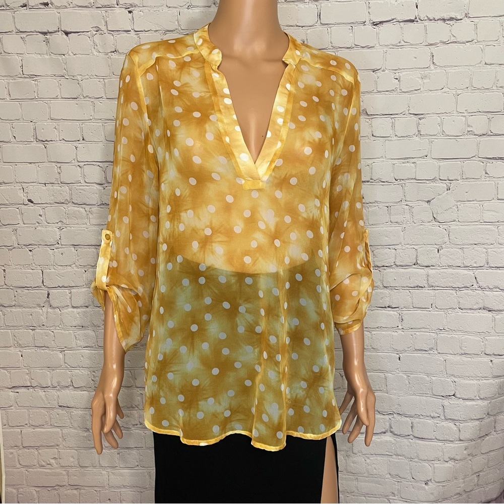 Teenbell Yellow See-Through Long Sleeve Sheet Shirt w/ White Polkadots